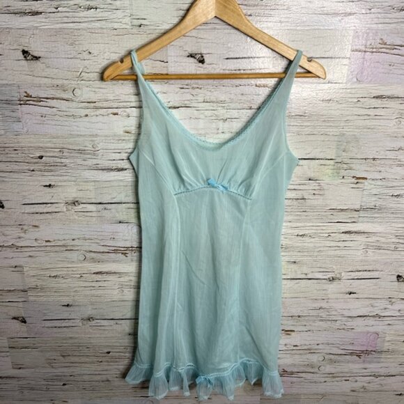 Vintage Other - Vintage blue night gown slip chemise bow sheer size medium
